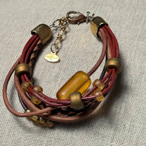 🌟 VINTAGE Unique Women's Leather and Light Amber Stones Necklace and Bracelet S - Picture 9 of 11
